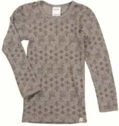 Celavi Langarmshirt Grau Melange Elche Unterhemd Wolle