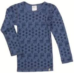 Celavi Langarmshirt Blau Melange Elche Unterhemd Wolle